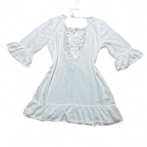 Roxy White lace trim mini babydoll dress with ruffle hem